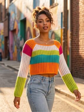 WILD FABLE Multicolor Crochet Cut out Crop Top SIZE SMALL